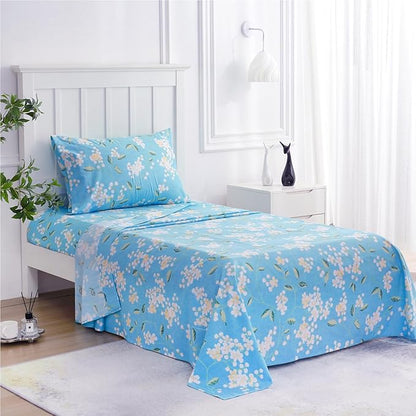 JSD Blue Floral Printed Sheet Set Twin Size, 3 Piece Soft Pattern Microfiber Sheets Extra Deep Pocket