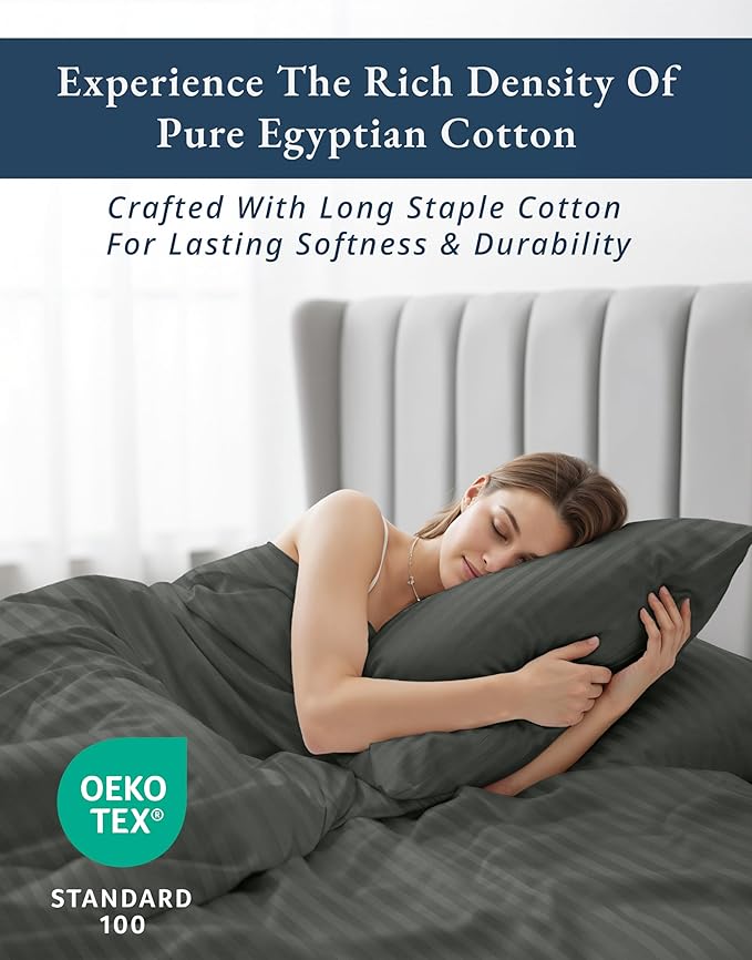 LANE LINEN 100% Egyptian Cotton King Sheets Set, Soft & Comfy Sateen Weave Mercerized Cotton Sheets King, Fully Elasticized Reinforced French Seam Fitted King Bed Sheets Damask Stripe – Dark Grey