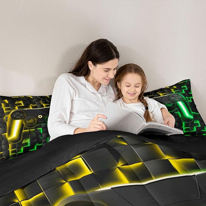 Erosebridal Gaming Full Bedding Sets for Kids Boys Gamer Comforter Set 3D Neon Lights Ombre Geometric Checkered Gamepad Quilt Comforter Lightweight Gamer Bed Duvet Set for All Season,Green Gold