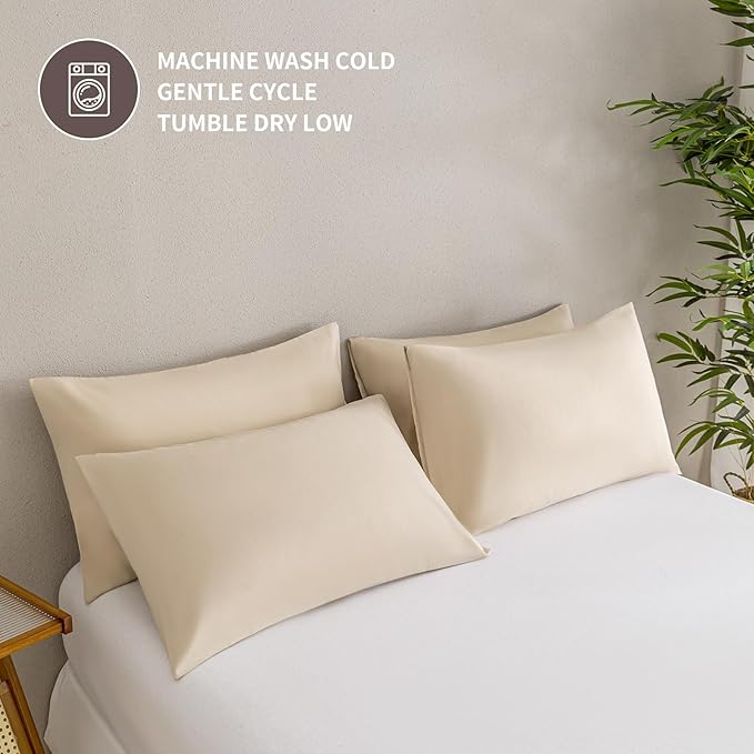 MINIPANDA Beige Pillow Cases Set of 4 Queen Size - Super Soft, Smooth and Breathable Pillow Cases Queen- Envelope Design - Machine Washable Lightweight (20X30 Inches (4 Piece))