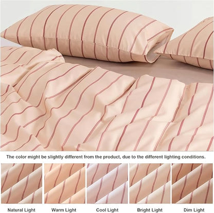 Bedbay 100% Cotton Striped Duvet Cover Set King Size, Warm Apricot Bedding Set, 100% Cotton Sateen, Silky Soft Cozy 3 Piece Duvet Cover for All Seasons