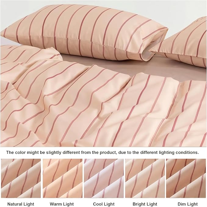 Bedbay 100% Cotton Striped Duvet Cover Set Queen Size, Warm Apricot Bedding Set, 100% Cotton Sateen, Silky Soft Cozy 3 Piece Duvet Cover for All Seasons