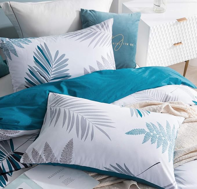 SLEEPBELLA Duvet Cover Full, 600 Thread Count Cotton Leaf Botanical Pattern Print Reversible Comforter Cover Set (Full, Teal Blue-Leaf)