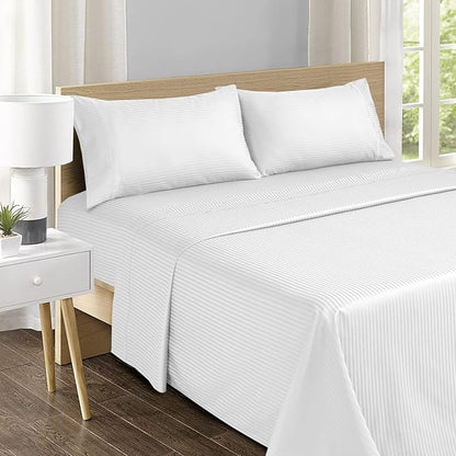 Feather & Stitch 500 TC Queen Size Damask Bed Sheet Set, 100% Cotton Soft Breathable Bedsheets, 4 Piece 18" Deep Pockets Sateen Weave Striped Bedding Mattress Resort Hotel- (White Stripe)