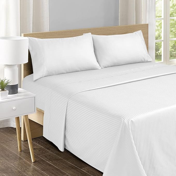 Feather & Stitch 500 TC King Size Damask Bed Sheet Set, 100% Cotton Soft Breathable Bedsheets, 4 Piece 18" Deep Pockets Sateen Weave Striped Bedding Mattress Resort Hotel Luxury- (White Stripe)