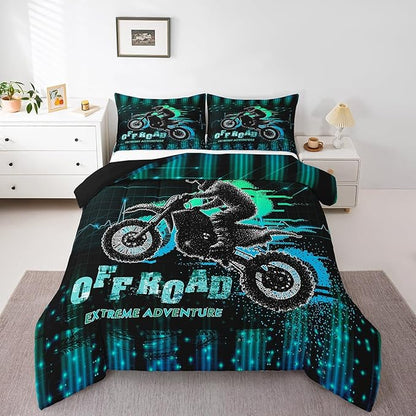 Feelyou Dirt Bike Comforter Set Queen Size Extreme Sports Comforter Racing Motocross Rider Bedding Set Motorcycle Duvet Set Room Decor Blue Green Quilt Set