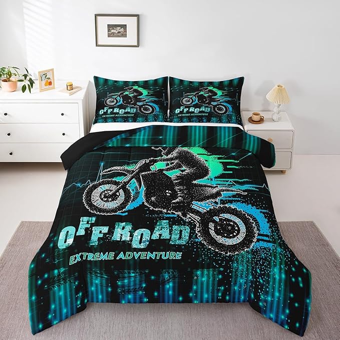 Feelyou Dirt Bike Comforter Set Twin Size Extreme Sports Comforter Racing Motocross Rider Bedding Set Motorcycle Duvet Set Room Decor Blue Green Quilt Set