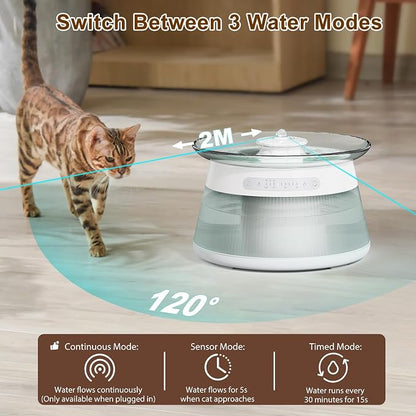 Glass Smart Cat Water Fountain Filterless | Pet Drinking Water Fountain Bowl No Filter, Battery Operated Cat Water Fountain