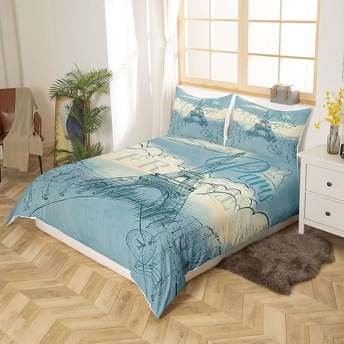 Castle Fairy Eiffel Tower Bedding Set Retro Paris Style Duvet Cover Set Vintage Cityscape Comforter Cover Boys Girls Landmark Bedspread Cover Bedroom Quilt Cover Queen with 2 Pillowcase,No Comforter