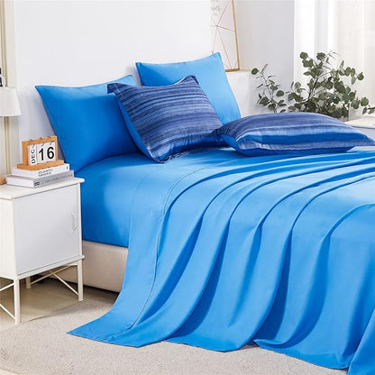 KAKIJUMN 7 Piece Bed in a Bag Stripe Comforter Set King Size, White and Blue Patchwork Striped Comforter and Sheet Set, All Season Soft Microfiber Complete Bedding Sets(Blue,King)