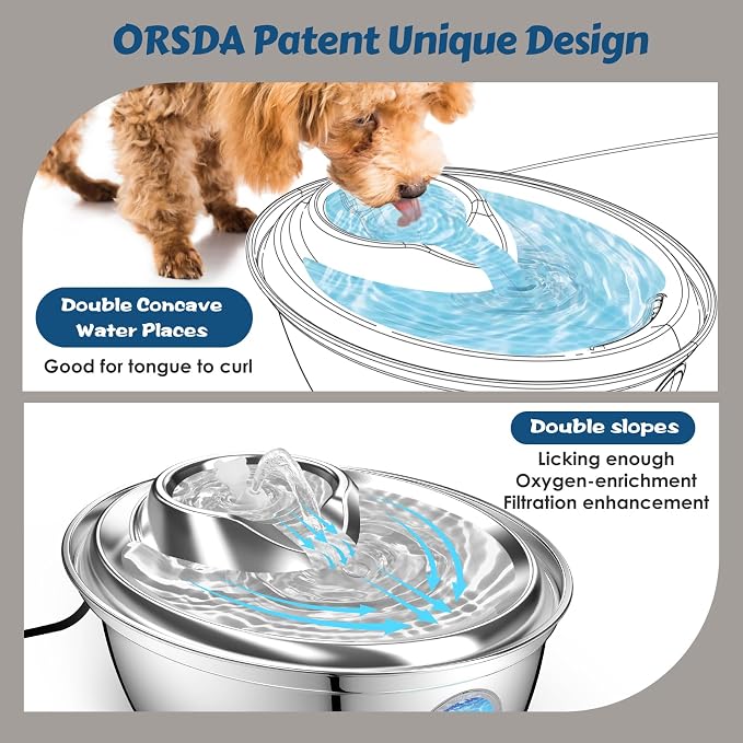 ORSDA Stainless Steel Cat Water Fountain, 100oz/3L Automatic Pet Drinking Fountain, Dog Water Dispenser Bowl with LED Window for Cats and Small & Medium Dogs- 8 Filters +4 Pump Sponges（ D66