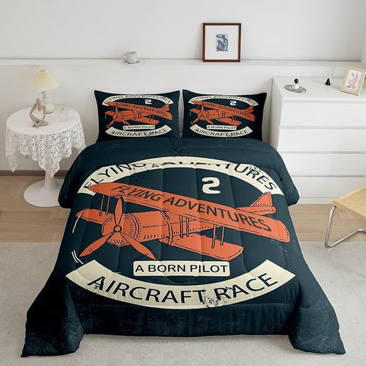 Retro Aircraft Comforter Set King,Vintage Airplane Orange Painting Bedding Set for Boys Girls Teens Bedroom Decor,Flying Adventure Helicopter Quilt Set Super Soft Duvet Set,Gift for Her Him