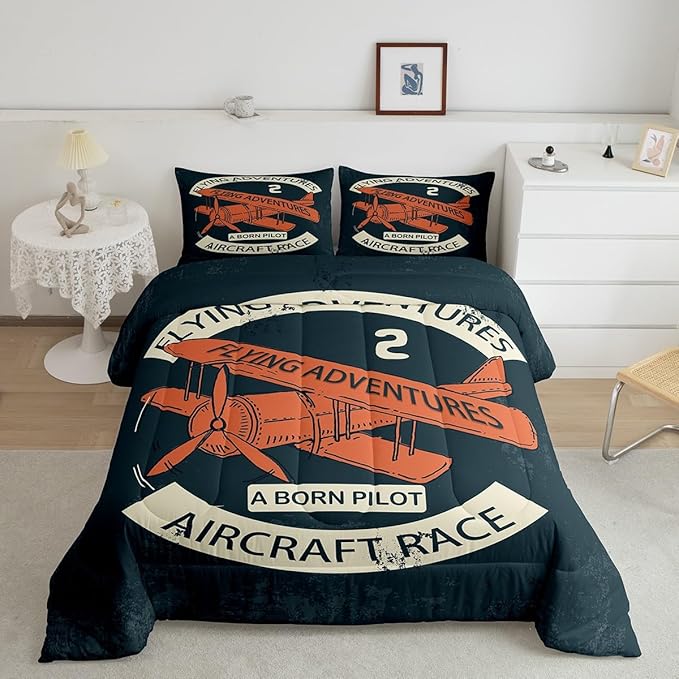 Castle Fairy Retro Aircraft Bedding Set for Boys Girls,Vintage Airplane Orange Painting All Season Cozy Comforter Set Full Size,Flying Adventure Helicopter Duvet Set Bedroom Décor,Gift for Kids