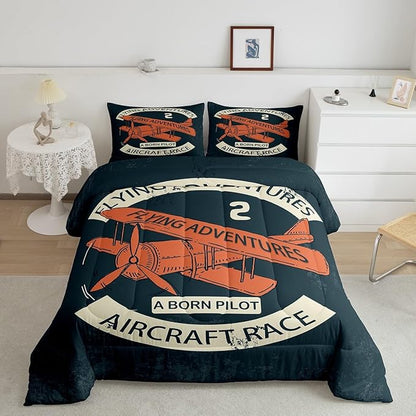 Castle Fairy Retro Aircraft Bedding Set for Boys Girls,Vintage Airplane Orange Painting All Season Cozy Comforter Set Full Size,Flying Adventure Helicopter Duvet Set Bedroom Décor,Gift for Kids