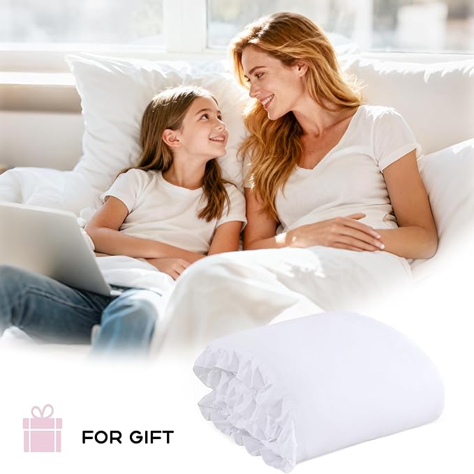 JANZAA Twin Comforter Set White Comforter Ruffled Comforter Set Soft Twin Size Bed Set Vintage Farmhouse Bed Comforter Set Fluffy Shabby Chic Bedding with 1 Pillowcase
