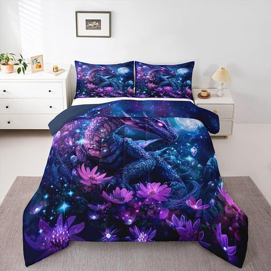 Feelyou Dragon Comforter Set All Season Dragon Stuff Bedding Set with 1 Pillow Cases Wild Life Kids Twin Bedclothes Magic Wildlife Bedroom Decor Purple and Blue Duvet Quilt Breathable Soft
