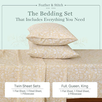 Feather & Stitch Softest 100% Cotton Sheets, 300 Thread Count Percale Weave Bedding, 16" Deep Pocket, Cooling Sheets, Breathable Bed Set, Hotel Premium Quality (Full, Twilight Bloom Beige)