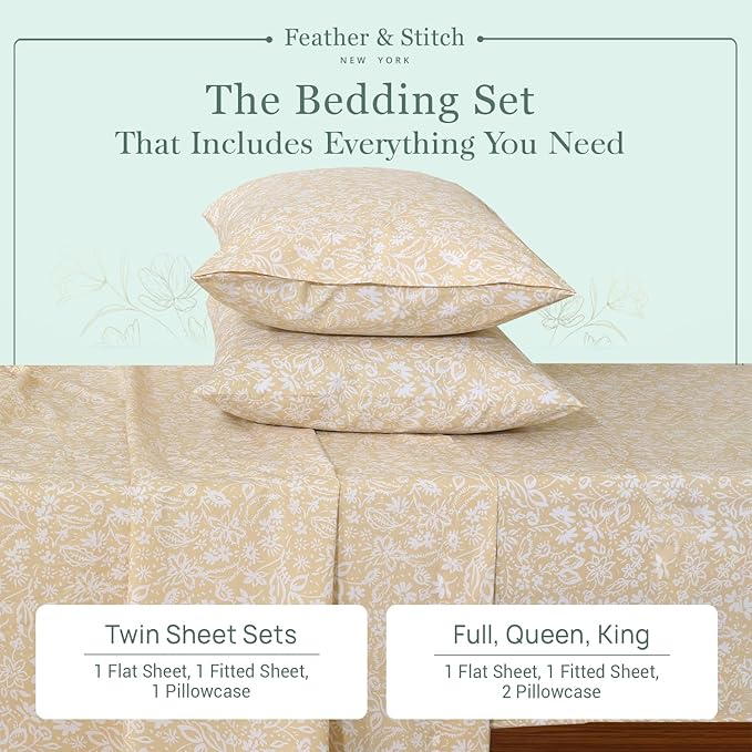 Feather & Stitch Softest 100% Cotton Sheets, 300 Thread Count Percale Weave Bedding, 16" Deep Pocket, Cooling Sheets, Breathable Bed Set, Hotel Premium Quality (Queen, Twilight Bloom Beige)