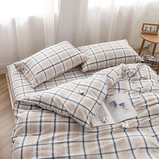 FACE TWO FACE Bedding Duvet Cover Set100% Washed Cotton Duvet Cover Linen Like Textured Breathable Durable Soft Comfy(Queen, Blue Grid)
