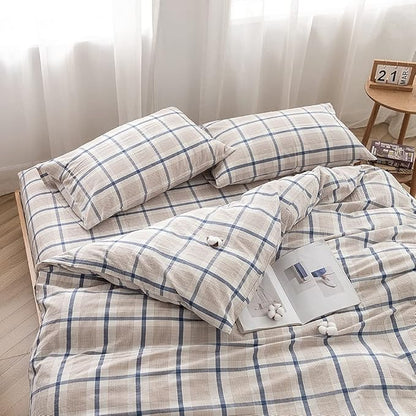 FACE TWO FACE Bedding Duvet Cover Set100% Washed Cotton Duvet Cover Linen Like Textured Breathable Durable Soft Comfy (Twin, Blue Grid)
