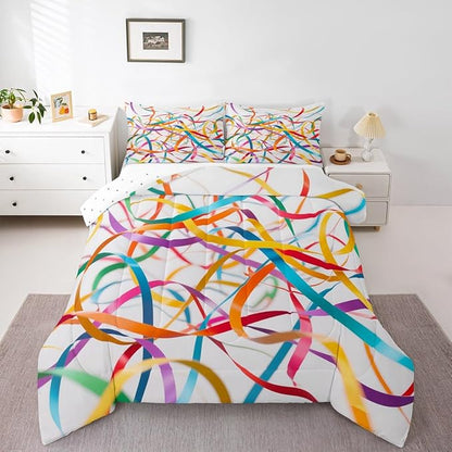 Erosebridal Bedding Set Toddler Size Rainbow Stripe Comforter Set for Kids Girls Boys Aesthetic White Teal Blue Comforter Warm Soft Quilt Insert