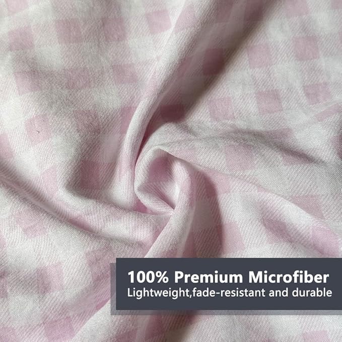 NSNLGSGC Pink Ruffle Gingham Comforter Set Queen, Pre-Washed Ruffled Plaid Checked Comforter Bedding, 3 Pieces Vintage Farmhouse Grid Bedding Set(Pink Gingham, Queen)