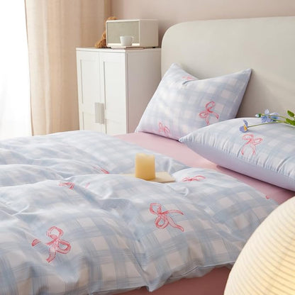 Blue Plaid Queen Comforter Set - Pink Bow Comforter Set Queen Size, Gingham Quilt Bedding Set 3 Pieces, Soft & Lightweight Comforter(90‘’ x 90‘’) for Girl & 2 Pillowcases(30‘’x20‘’)