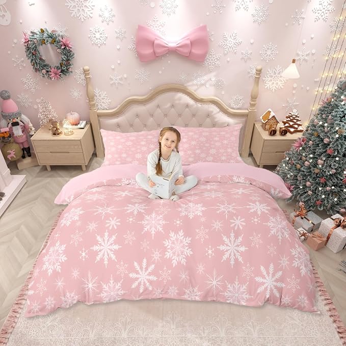 Erosebridal Pink Christmas Comforter Set King Girly Romantic Snowflake Duvet Insert Princess Winter Quilt Girls Modern Style Bedding Set Bedroom Decor Pink Floral Bedding Set & 2 Pillowcases