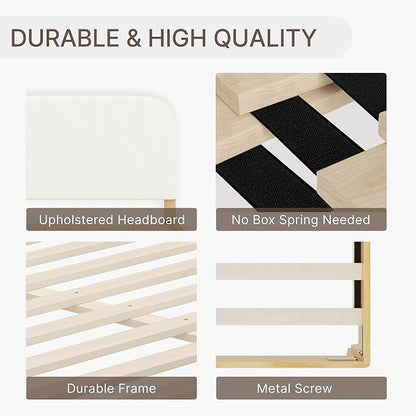 KISLOT Wood Bed Frame with USB & Type-C, Boucle Headboard, Cream, Queen | Platform Bed, Mattress Foundation, No Box Spring Needed, Easy Assembly