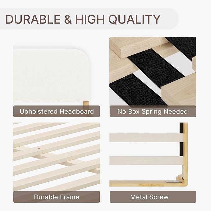 KISLOT Wood Bed Frame with USB & Type-C, Boucle Headboard, Cream, King | Platform Bed, Mattress Foundation, No Box Spring Needed, Easy Assembly