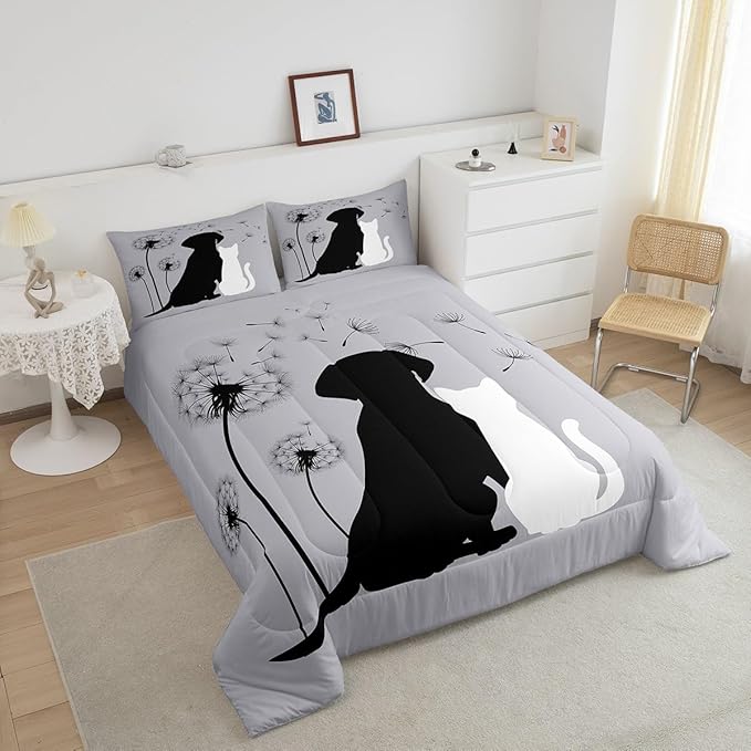 Erosebridal Couple Bedding Set King, Kawaii Cat Dog Comforter for Boys Girls Teens Adult, Cute Pet Aniamls Duvet Insert, Lovely Kitten Puppy Quilt Set, Dandelion Plants Floral Down Comforter, Gray