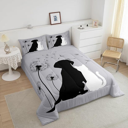 Erosebridal Couple Bedding Set King, Kawaii Cat Dog Comforter for Boys Girls Teens Adult, Cute Pet Aniamls Duvet Insert, Lovely Kitten Puppy Quilt Set, Dandelion Plants Floral Down Comforter, Gray