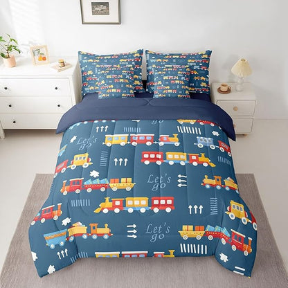 Cartoon Train Boys Queen Bedding Sets 7 Pieces Red Yellow Cute Trains Comforter Set Hand Drawn Style Graffiti Decor Hippie All Season Comforter,Flat Sheet,Fitted Sheet,2 Pillowcases,2 Pillow Covers