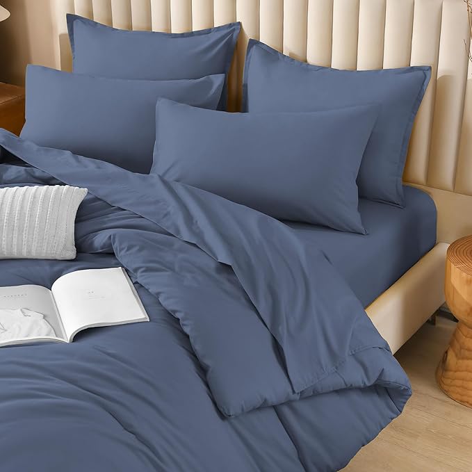 Litanika California King Comforter Set Bluish Grey - 7 Pieces Bed in a Bag Cal King Bedding Comforter Sets, Plain Lightweight Bed Set with Comforter, Sheets, Pillowcases & Shams