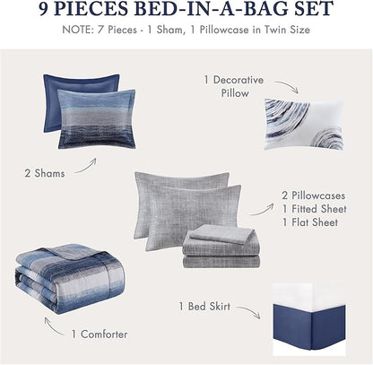 Madison Park Essentials Queen Comforter Set, Bed in a Bag, Watercolor Print Coastal Comforter & Chambray Cotton Sheet Set, All Season Bedding Set, Saben, Navy Queen (90 in x 90 in) 9 Piece