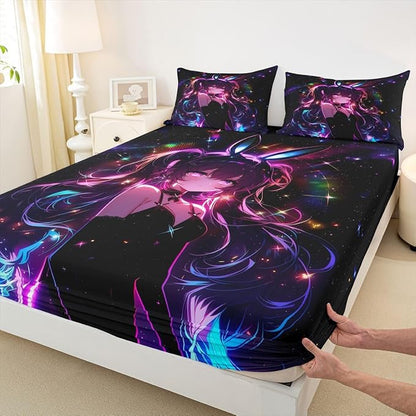 Erosebridal Cute Bunny Girls Queen Bed Sheets Japanese Anime Girl Fitted Sheet,Cartoon 3D Kids Bedding Sets Magical Neon Stars Sheets with 2 Pillowcases