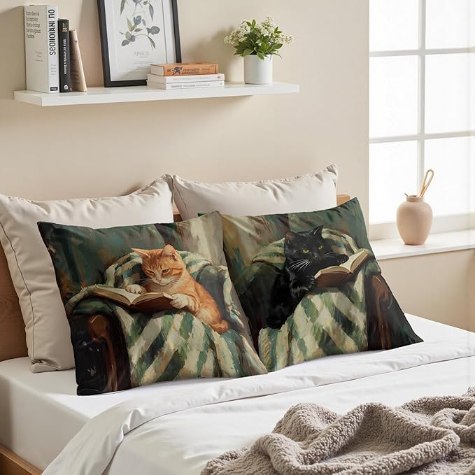 Funny Cat Reader Book Throw Pillow Cover 18 x 18 Set of 2, Gifts for Book Lovers, Reading Nook Corner Decor, Preppy Floral Black Orange Tabby Tuxedo Cats Bookish Pillowcase（04）