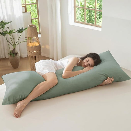 MooMee Body Pillow Cover Pillowcase with Zipper 100% Washed Cotton Linen Like Textured Breathable Durable Soft Comfy (Heathered Green, 21”x54”, 1PC)