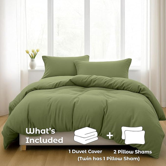 Pure Bedding Duvet Cover Twin [2-Piece, Olive Green] - 1 Comforter Protector with Zipper Flap and 1 Pillowcase - Hotel Luxury 1800 Brushed Microfiber - Ultra Soft, Cool and Breathable Comforter Cover