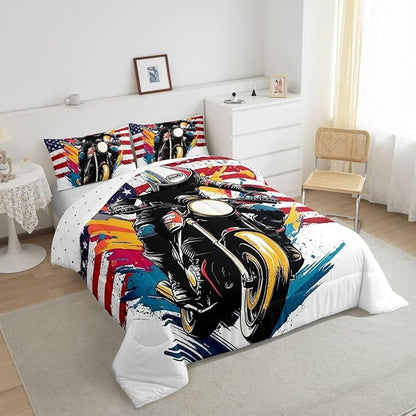 Feelyou Dirt Bike Comforter Set Full Size American Flag Comforter Extreme Sports Bedding Set Racing Motocross Rider Duvet Set Room Decor White Quilt Set