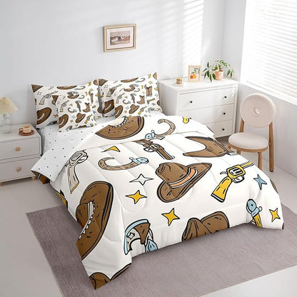 Erosebridal Cowboy Hat Men Bed in a Bag King Size Comforter Set 7 Pieces,Cowboy Boots Bedding Sets Hunting Western Decor Sheet Set with Comforter