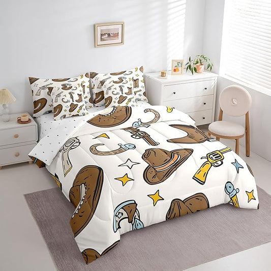 Erosebridal Cowboy Hat Men Bed in a Bag King Size Comforter Set 7 Pieces,Cowboy Boots Bedding Sets Hunting Western Decor Sheet Set with Comforter