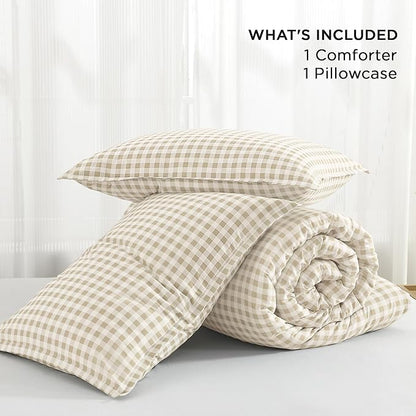 Andency Beige Gingham Comforter Set Twin(66x90Inch), Cream Checkered Grid Plaid Buffalo Bed Set for Girls Boys Kids Teens, 2 Pieces Lightweight Polyester Geometric Preppy Bedding