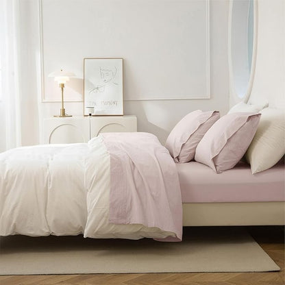 JIYUAN Twin Size Sheet Set, 3-Piece - 100% Washed Cotton, Linen-Like Soft & Breathable, Includes Deep Pocket Fitted & Flat Sheet with 1 Pillowcases, Hotel Quality, Heathered Greyish Pink