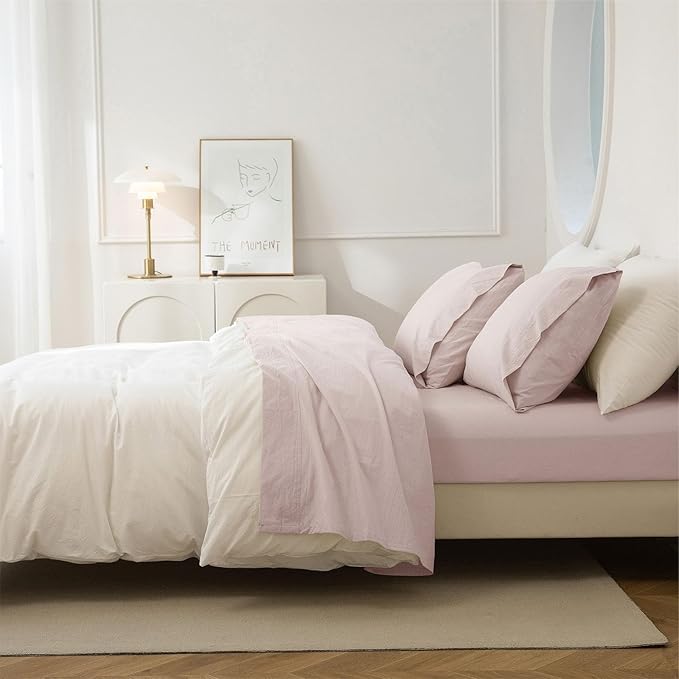 JIYUAN Queen Size Sheet Set, 4-Piece - 100% Washed Cotton, Linen-Like Soft & Breathable, Includes Deep Pocket Fitted & Flat Sheet with 2 Pillowcases, Hotel Quality, Heathered Greyish Pink