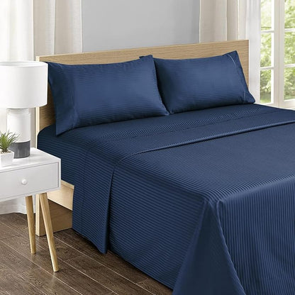 Feather & Stitch 500 TC Queen Size Damask Bed Sheet Set, 100% Cotton Soft Breathable Bedsheets, 4 Piece 18" Deep Pockets Sateen Weave Striped Bedding Mattress Resort Hotel Luxury - (Dark Blue Stripe)