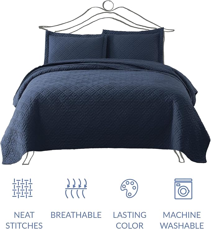 EXQ Home Quilt Set Full Queen Size Navy 3 Piece,Lightweight Soft Coverlet Modern Style Squares Pattern Bedspread Set(1 Quilt,2 Pillow Shams)