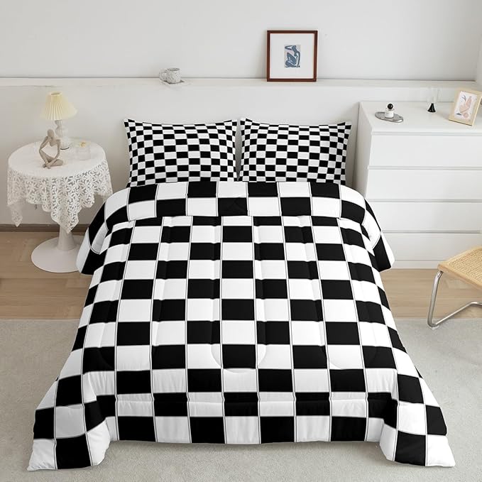 Erosebridal Boys Checkered Comforter Set Twin Black White Checkered Kids Bedding Set Teen Boy Geometric Grids Plaid Comforter Preppy Bedroom Decor,Gingham Quilt Duvet 2 Pcs