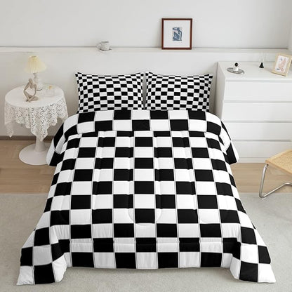 Erosebridal Boys Checkered Comforter Set Twin Black White Checkered Kids Bedding Set Teen Boy Geometric Grids Plaid Comforter Preppy Bedroom Decor,Gingham Quilt Duvet 2 Pcs