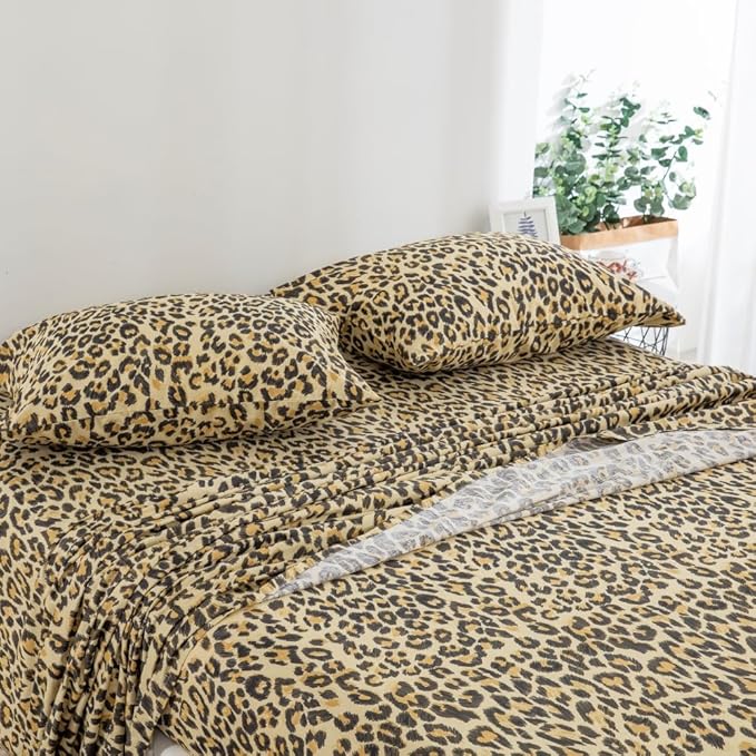 DAUAOTO Twin XL Cotton Sheets Set Printed Bedding Sets, Up to 14" Deep Mattress, Modern Pattern Bedlinen for Twin Extra Long Bed, Leopard Yellow